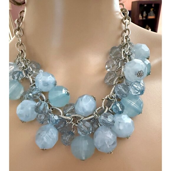 Icy Blue Bauble Statement Necklace Chunky Silver Chain Faceted Beads Y2K Glam - Picture 9 of 13